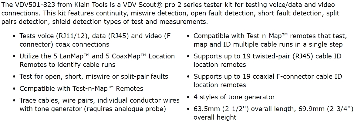 מכשיר בדיקה לכבלי תקשורת KLEIN TOOLS VDV SCOUT PRO 2 SERIES VDV501-823 TEXT
